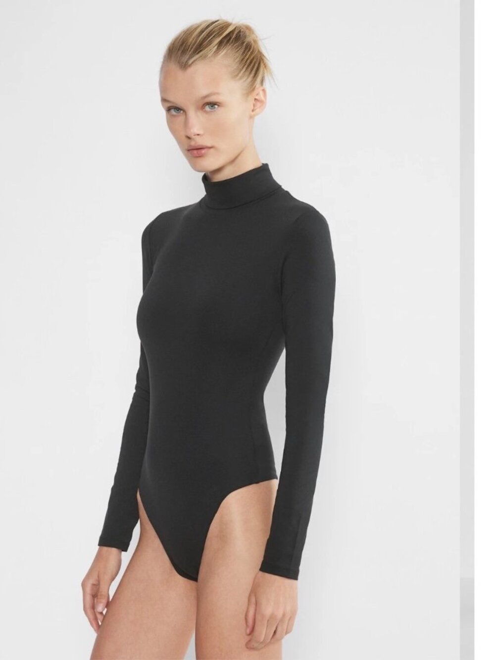 BABATON Bodysuit Womens Small Black Long Sleeve Mock Neck Thong Stretch Jersey